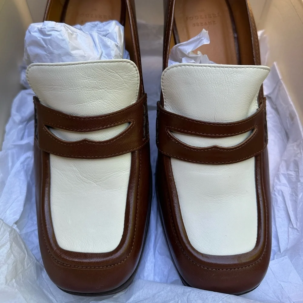 Sezane Two-Tone Brown and White Leather Block Heel Loafers - Picture 6 of 10